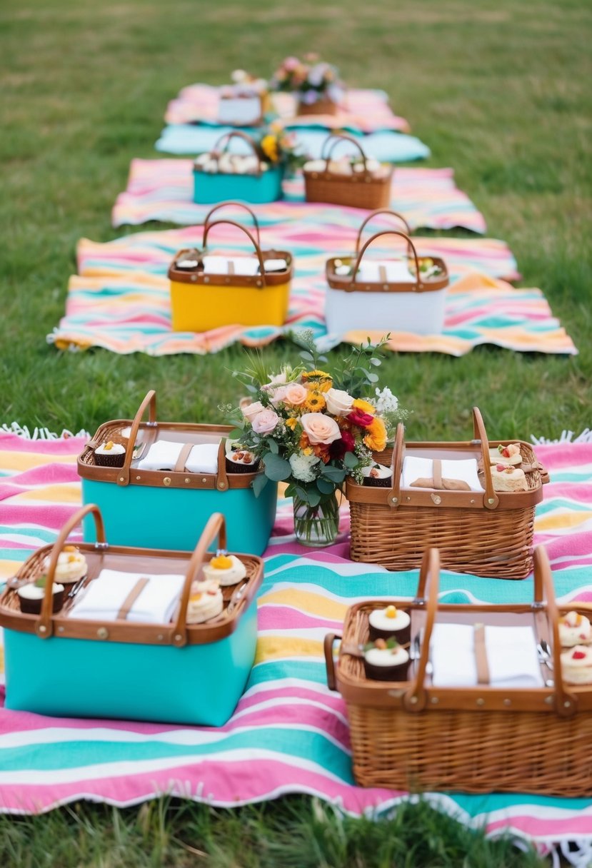 A grassy meadow with colorful picnic blankets spread out, each adorned with personalized picnic baskets filled with gourmet treats and floral arrangements