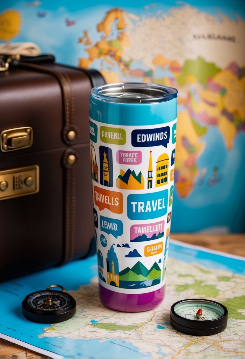 A colorful tumbler adorned with travel-themed stickers and landmarks, surrounded by a map, compass, and suitcase