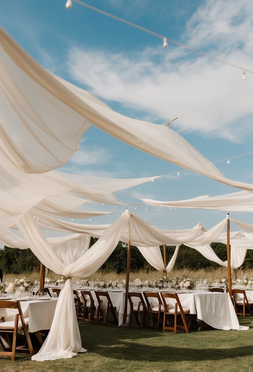 A breezy picnic wedding with billowing fabrics draped over tables and fluttering in the wind, creating a romantic and ethereal atmosphere