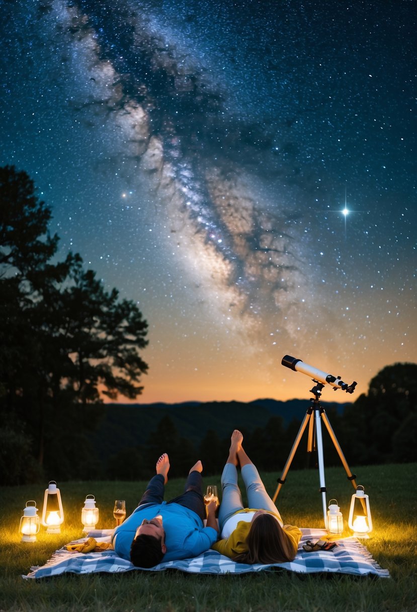 A couple lies on a blanket under a star-filled sky, surrounded by glowing lanterns and a picnic spread. A telescope points toward the heavens