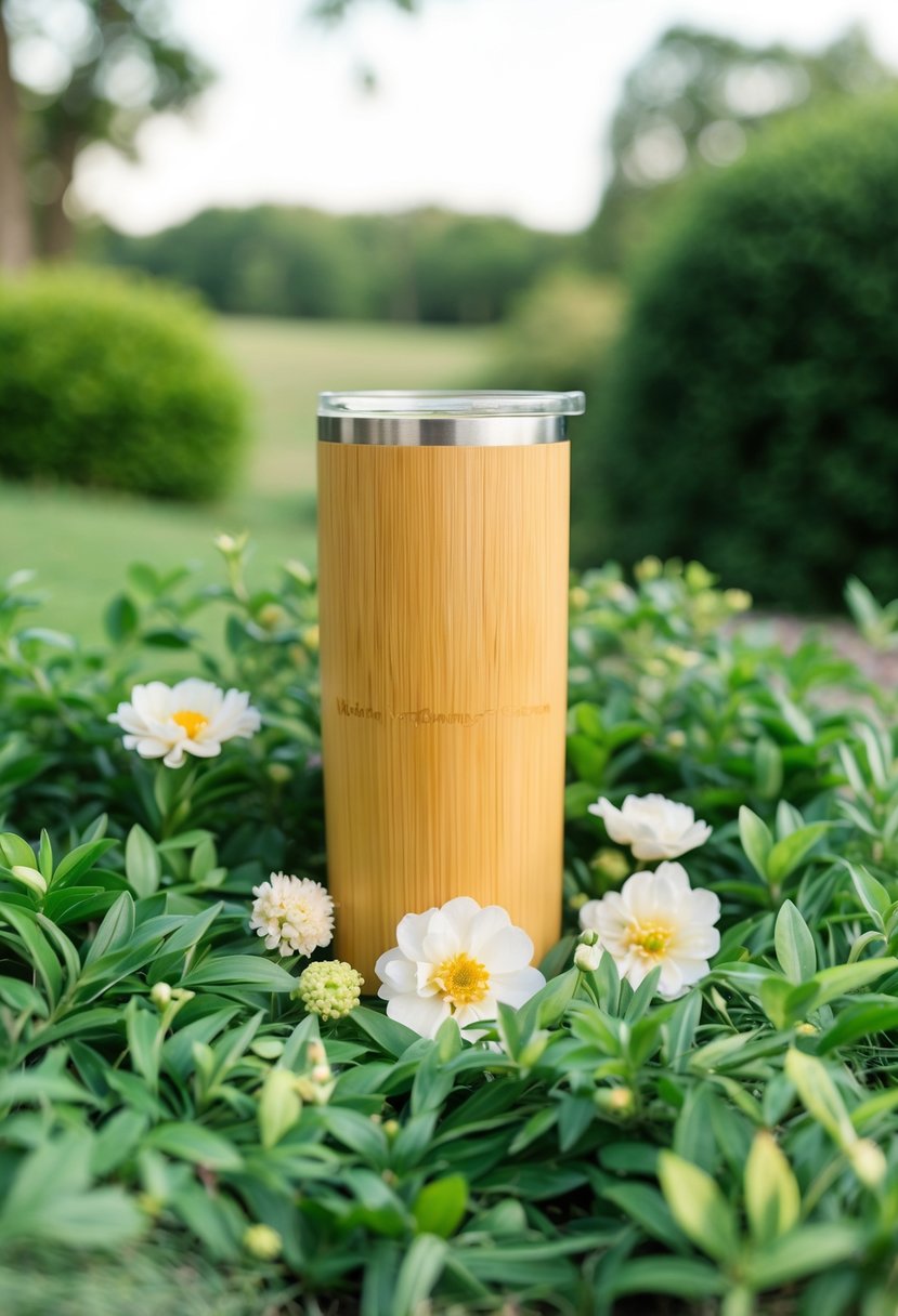 A bamboo wedding tumbler surrounded by lush greenery and delicate flowers, with a serene outdoor setting in the background