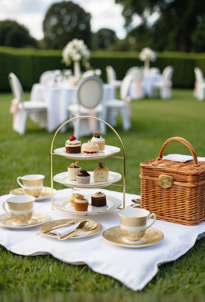 A high tea picnic wedding setup with elegant tableware