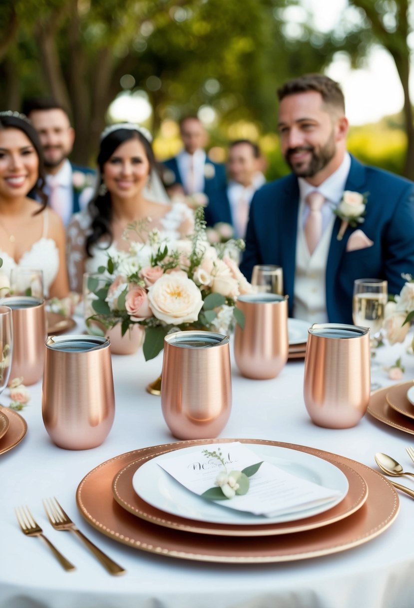 A table set with rose gold tumblers, surrounded by bridal party decorations and flowers