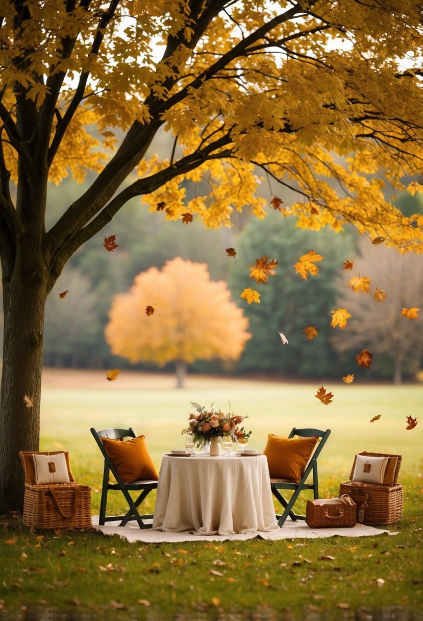 A cozy picnic wedding set under a golden tree with falling leaves and warm-colored decor