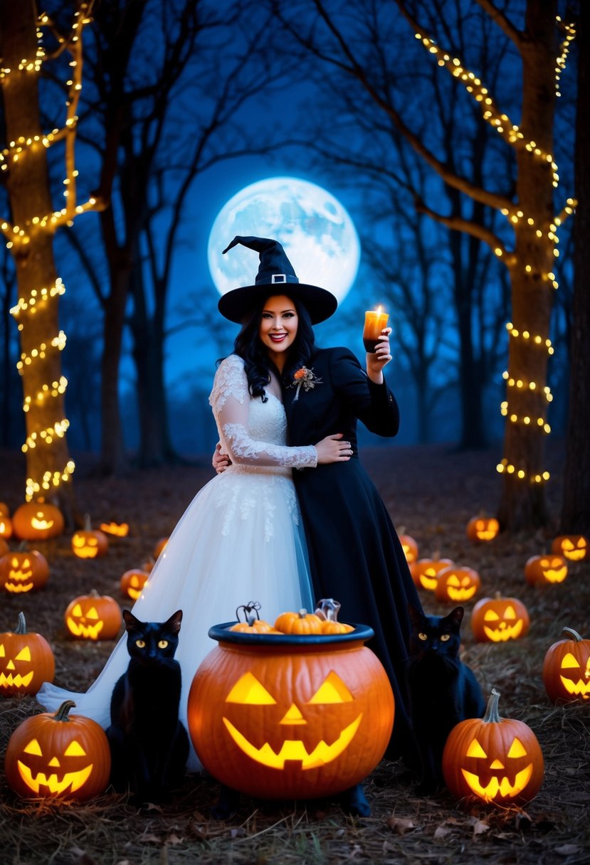 A witch wedding in a moonlit forest with glowing pumpkins, black cats, and a cauldron centerpiece