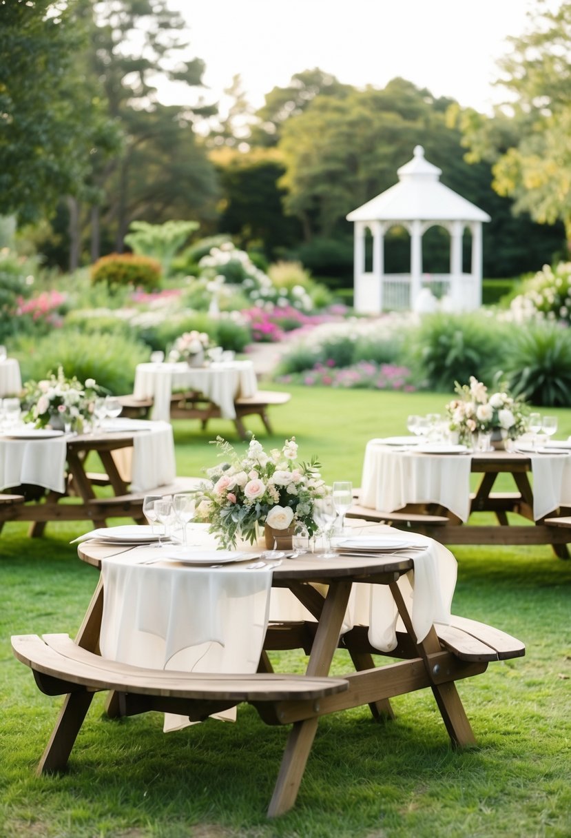 A serene botanical garden with picnic tables, draped in delicate linens and adorned with lush floral centerpieces. A small gazebo in the distance is decorated for a wedding ceremony