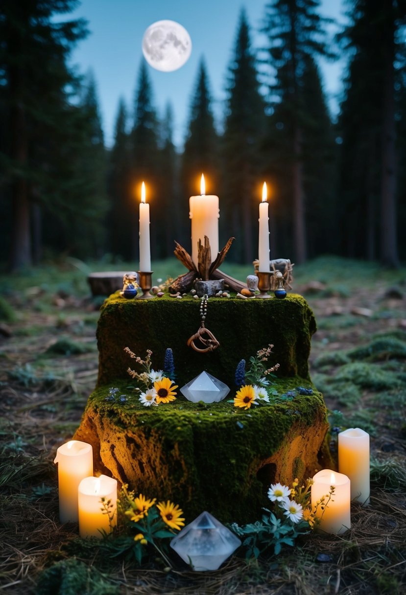 A moss-covered pagan altar adorned with candles, crystals, and wildflowers in a moonlit forest clearing