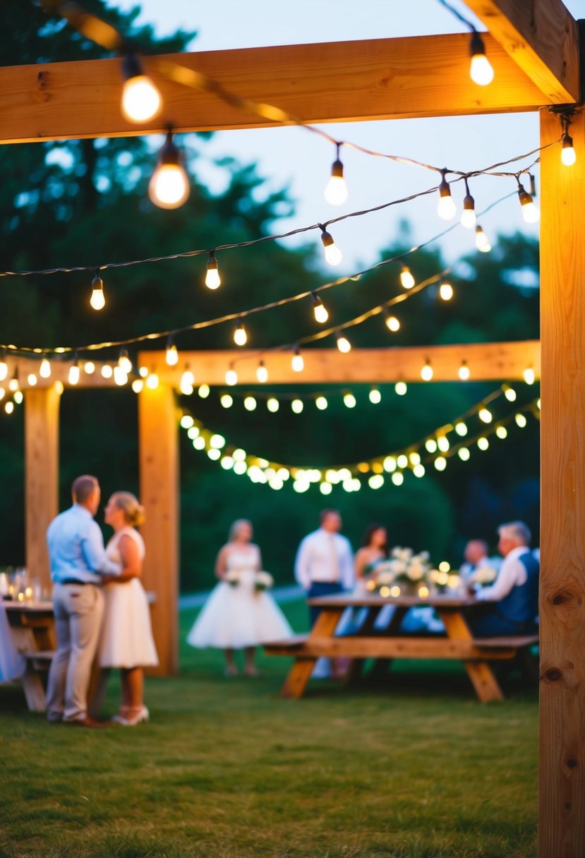 String lights drape across wooden support beams, casting a warm glow over a picnic wedding scene