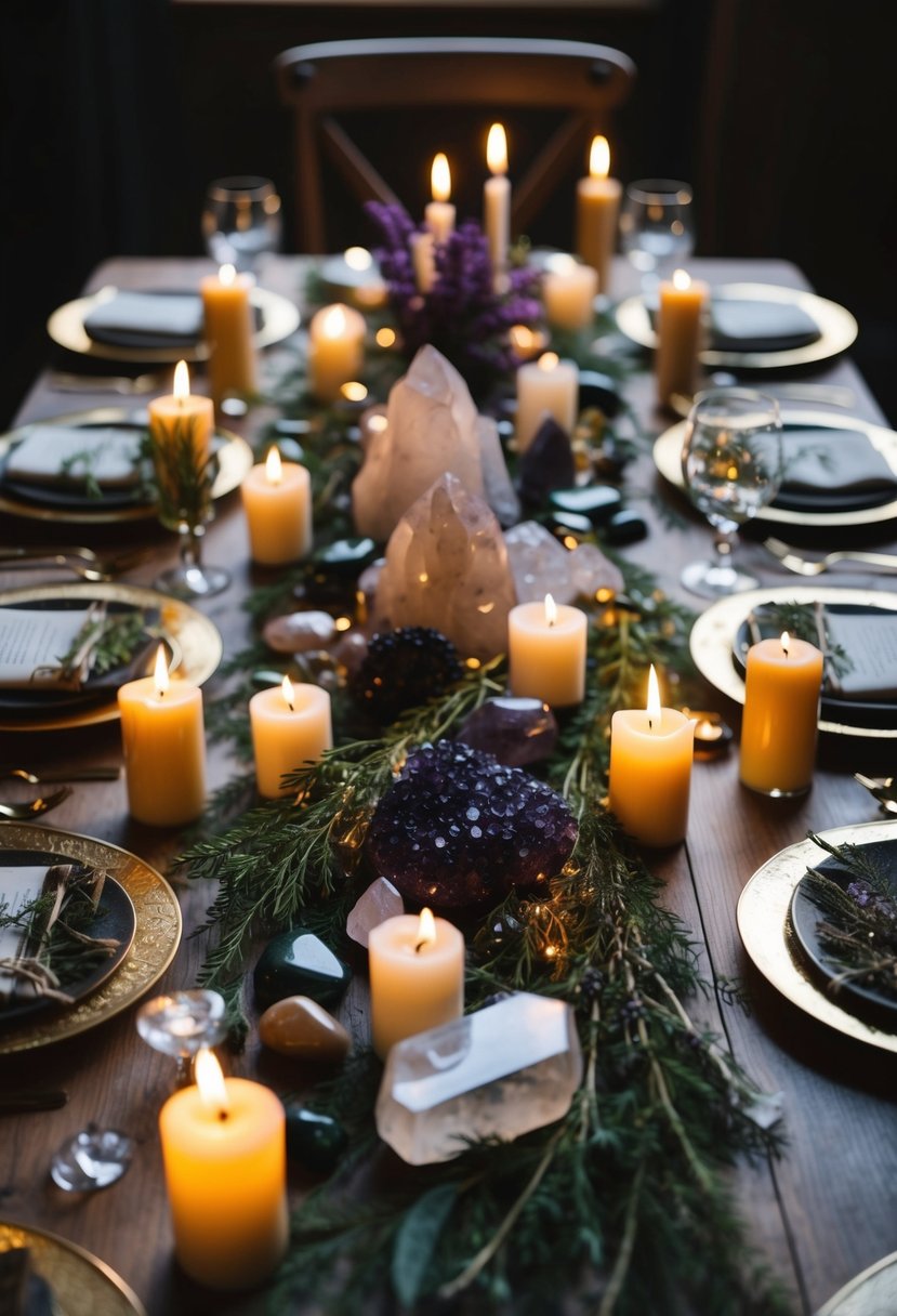 A table adorned with crystals and stones, surrounded by candles and herbs, set for a mystical witch wedding ceremony