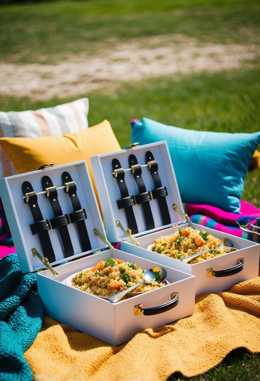 A sunny outdoor setting with picnic boxes filled with homemade couscous, surrounded by colorful blankets and pillows for a wedding picnic celebration