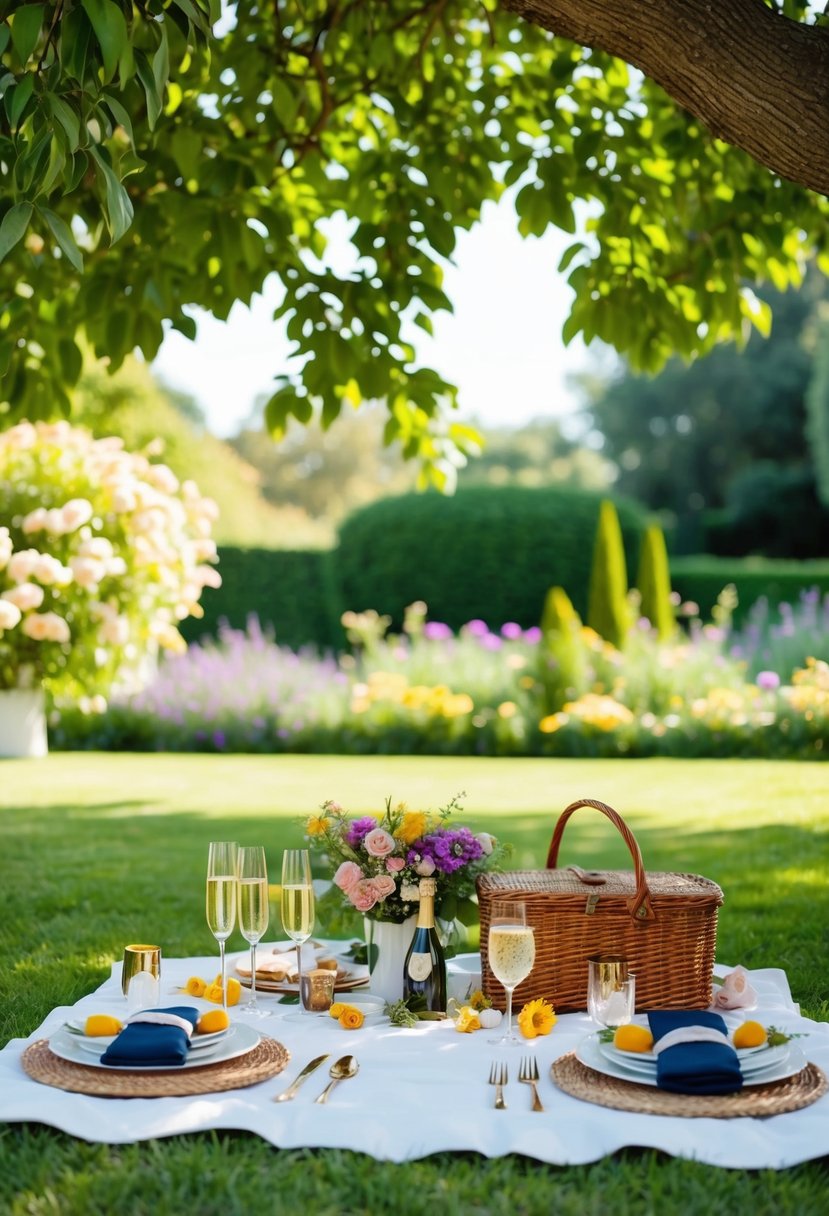 A cozy picnic spread with champagne, flowers, and elegant place settings under a shady tree in a lush garden