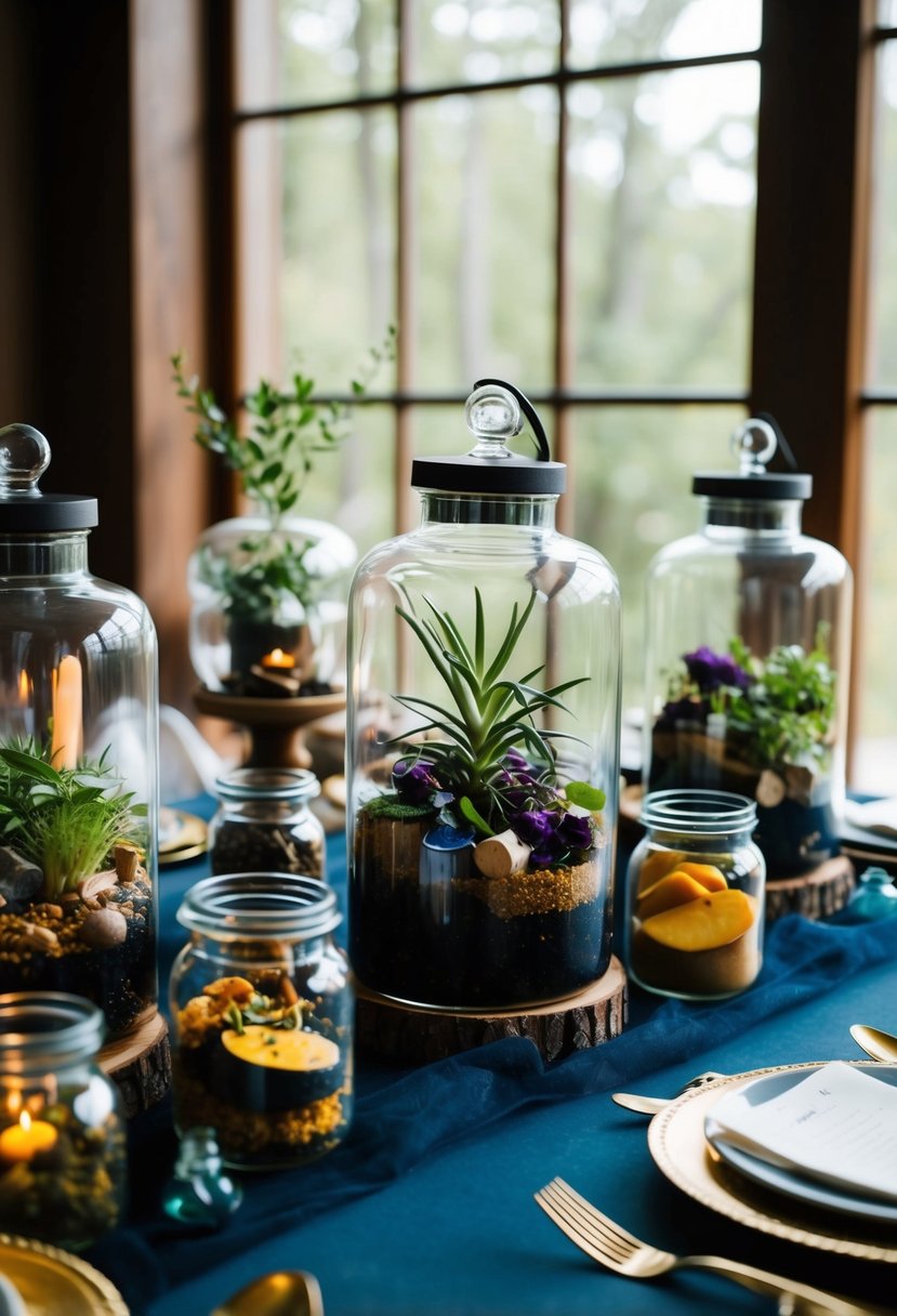 A table adorned with terrarium spell jars, filled with mystical ingredients, set for a witch wedding