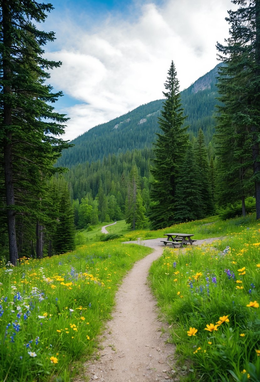 A mountain trail winds through lush forest, leading to a clearing with a picnic area surrounded by wildflowers and towering trees