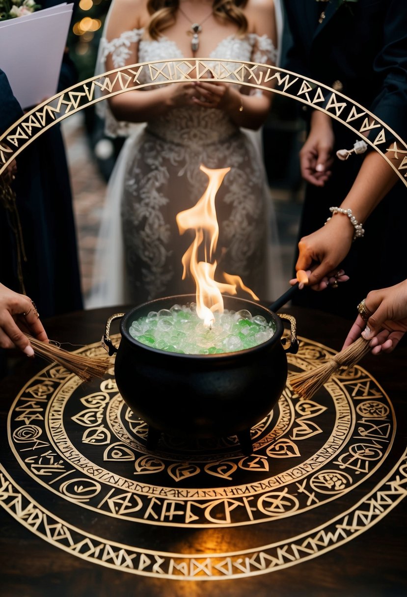 A circle of intricate runes surrounds a cauldron, filled with bubbling potion, as a witch performs a ceremony blessing for a wedding