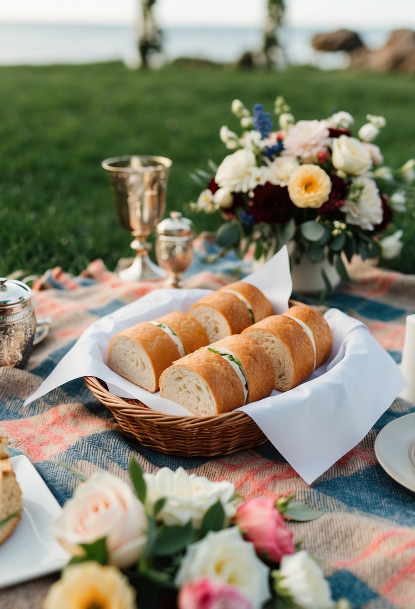 A picnic blanket with traditional sandwiches wrapped in paper, surrounded by flowers and wedding decor