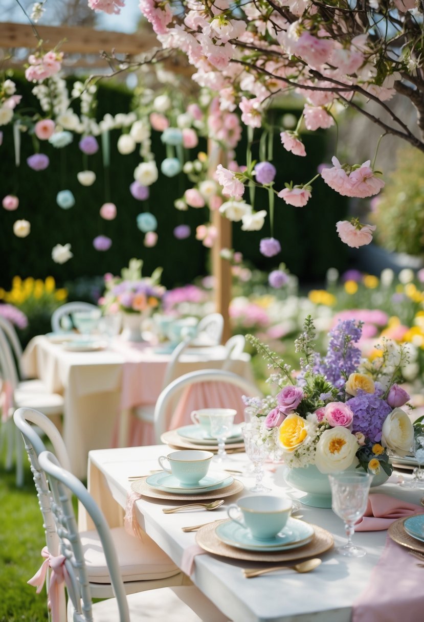 A garden adorned with blooming flowers, pastel-colored decorations, and a table set with delicate teacups and floral centerpieces for a spring wedding shower