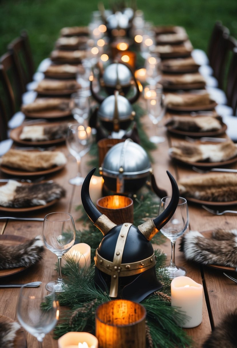 A long wooden table adorned with Viking-inspired centerpieces, including horned helmets, fur pelts, and rustic candles