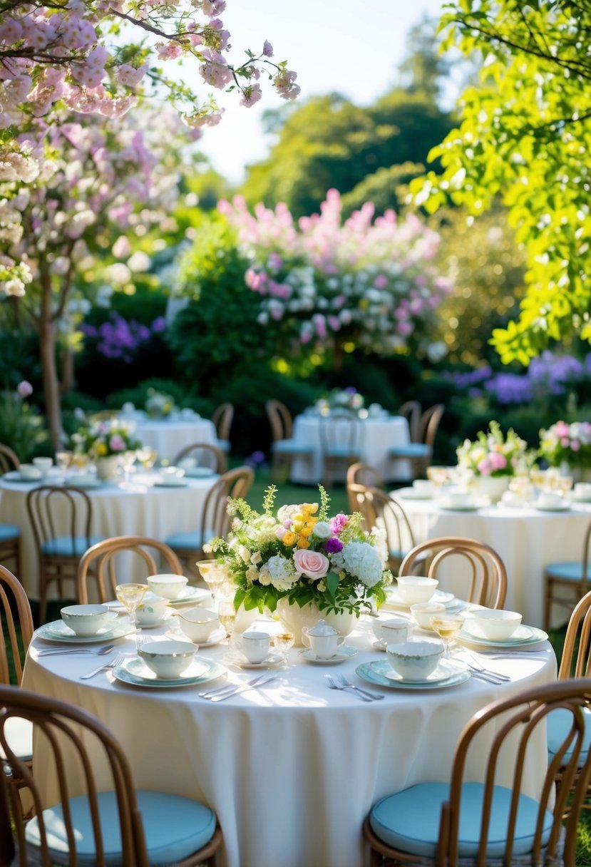 A lush garden filled with blooming flowers and delicate tea sets arranged on tables for a spring wedding shower