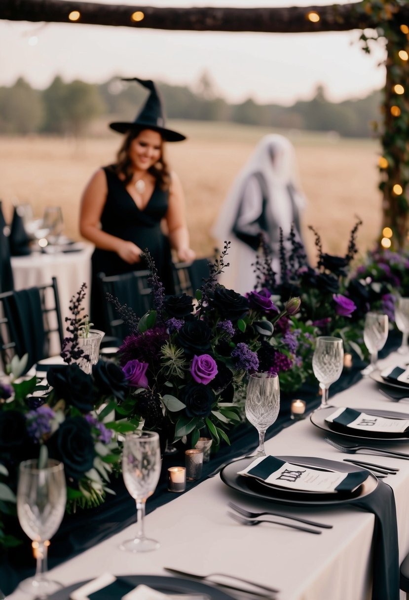 A table adorned with black and purple floral arrangements, set for a witch-themed wedding