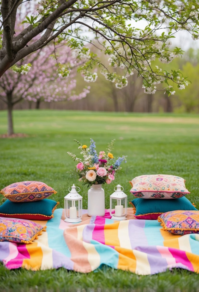 A colorful picnic blanket spread under a blooming tree with bohemian pillows, lanterns, and flower arrangements for a chic spring wedding shower