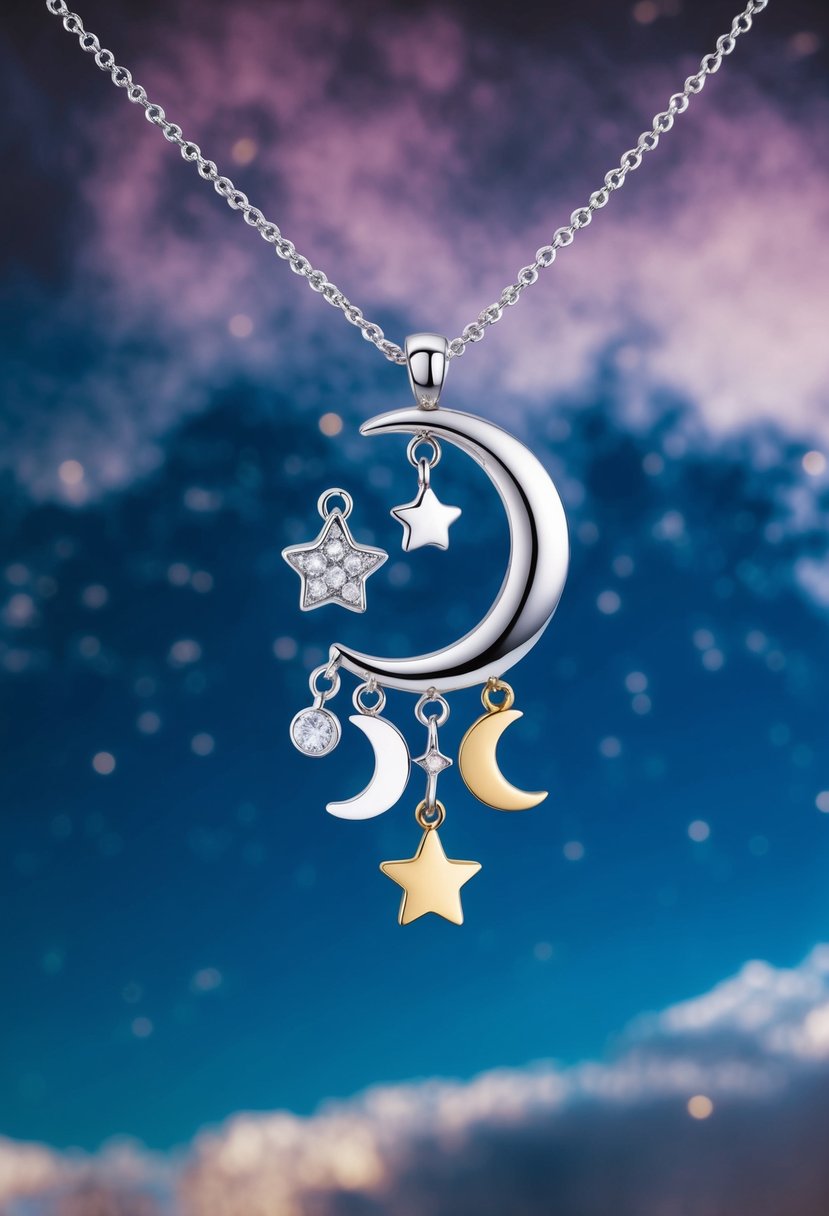 A silver crescent moon pendant surrounded by delicate star and moon phase charms, set against a backdrop of a mystical night sky