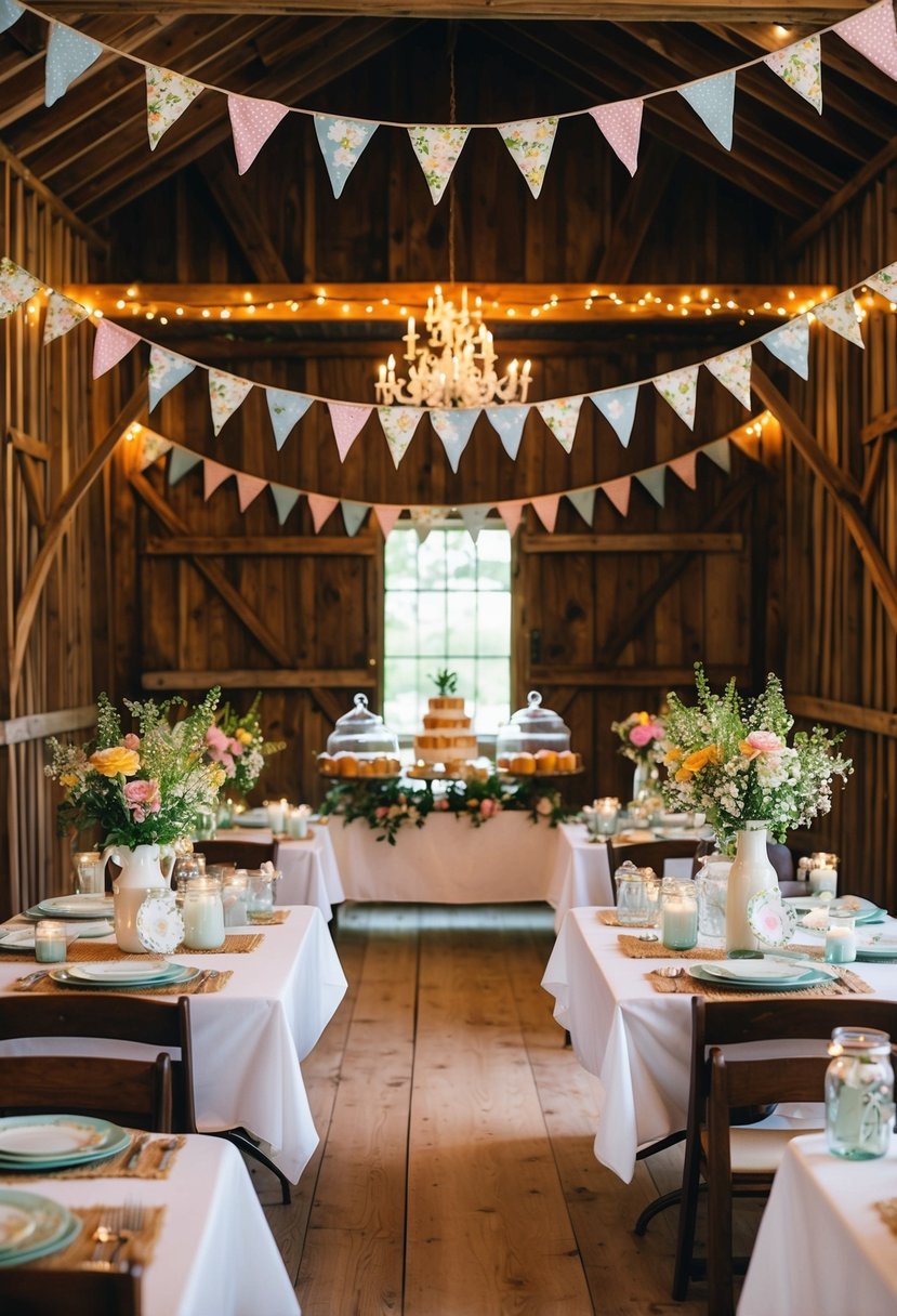 A rustic barn adorned with spring flowers, bunting, and twinkling lights. Tables set with vintage china, mason jar centerpieces, and a dessert bar