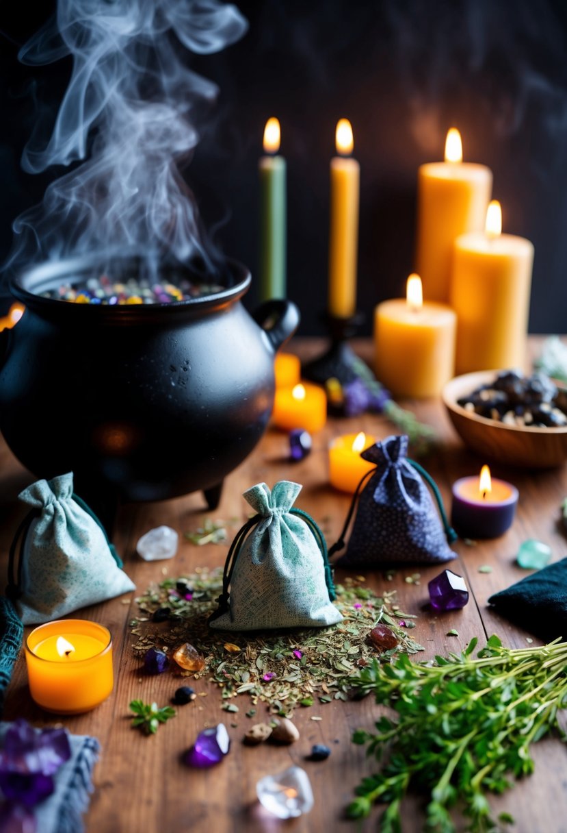 A table scattered with colorful herbs, crystals, and small fabric bags. A cauldron steams in the background, surrounded by candles and witchy decor