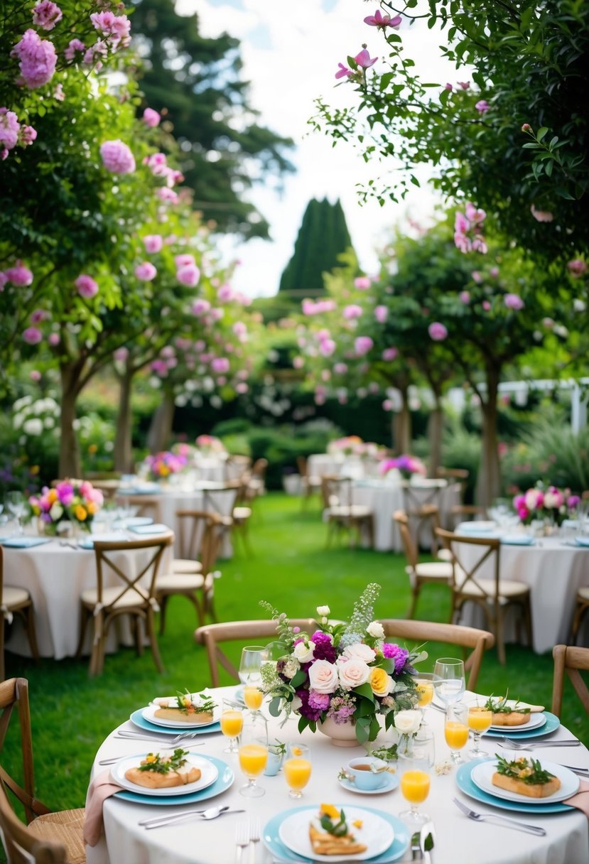 A lush garden filled with blooming flowers, tables adorned with elegant floral centerpieces, and a charming brunch spread under a canopy of trees