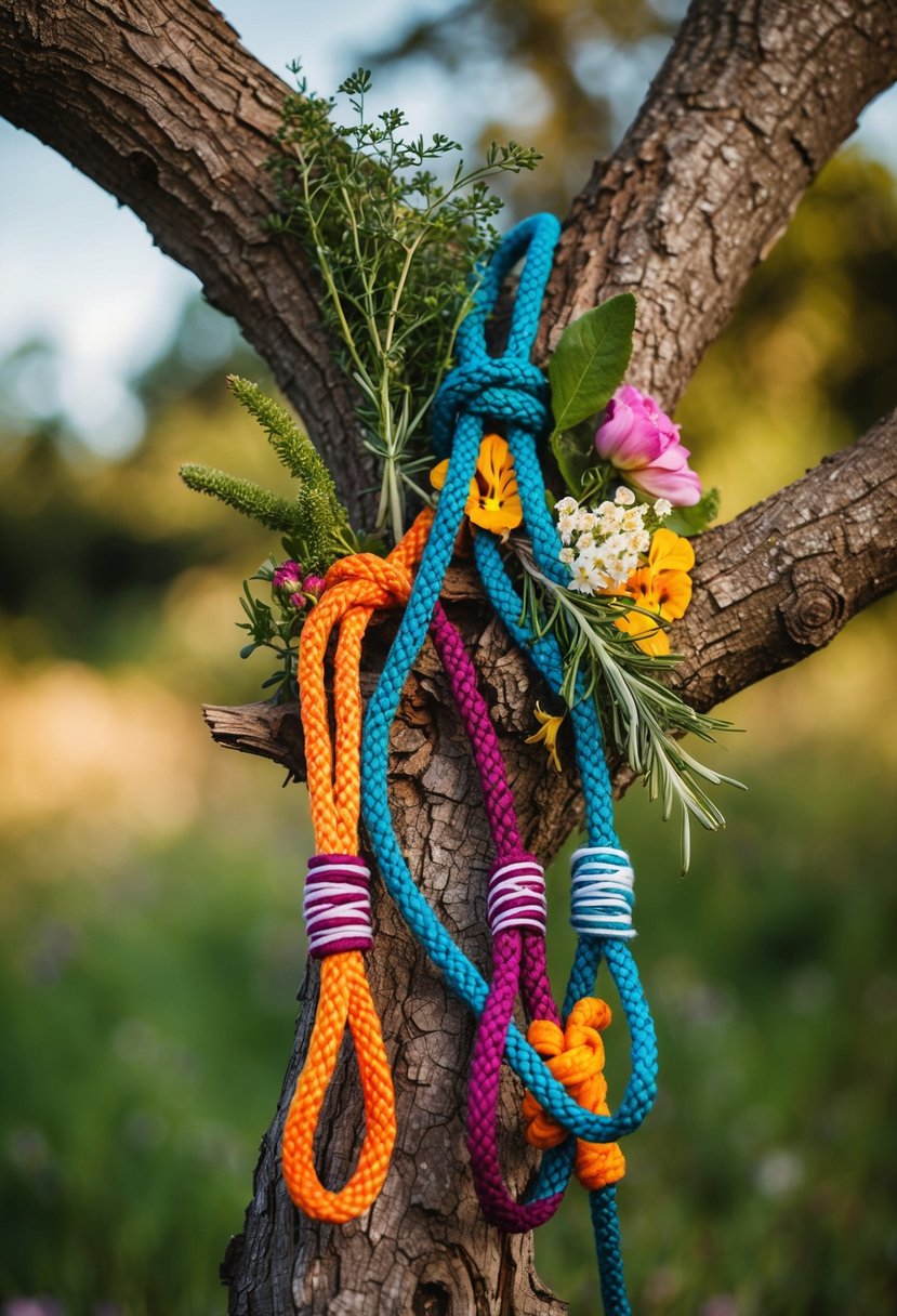 Three colorful handfasting cords intertwine around a rustic tree branch, adorned with herbs and flowers, symbolizing unity and love