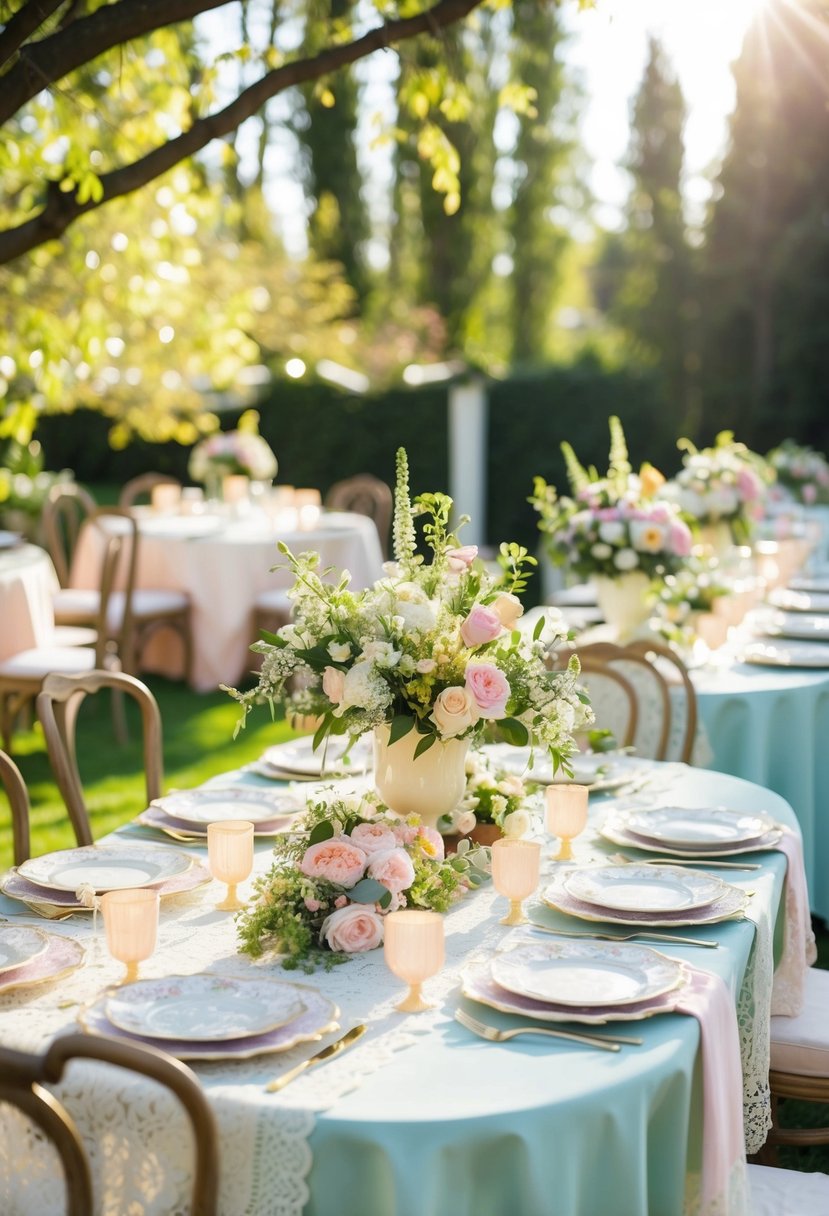 A garden luncheon with vintage decor, floral centerpieces, lace tablecloths, and pastel-colored china. Sunshine filters through the trees, creating a warm and inviting atmosphere for a spring wedding shower