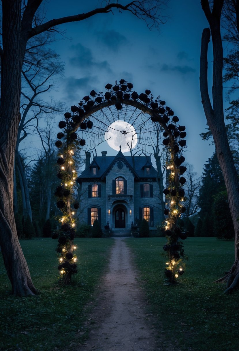 A moonlit forest clearing with twisted trees and a gothic archway adorned with black roses and spiderwebs, leading to a haunted mansion