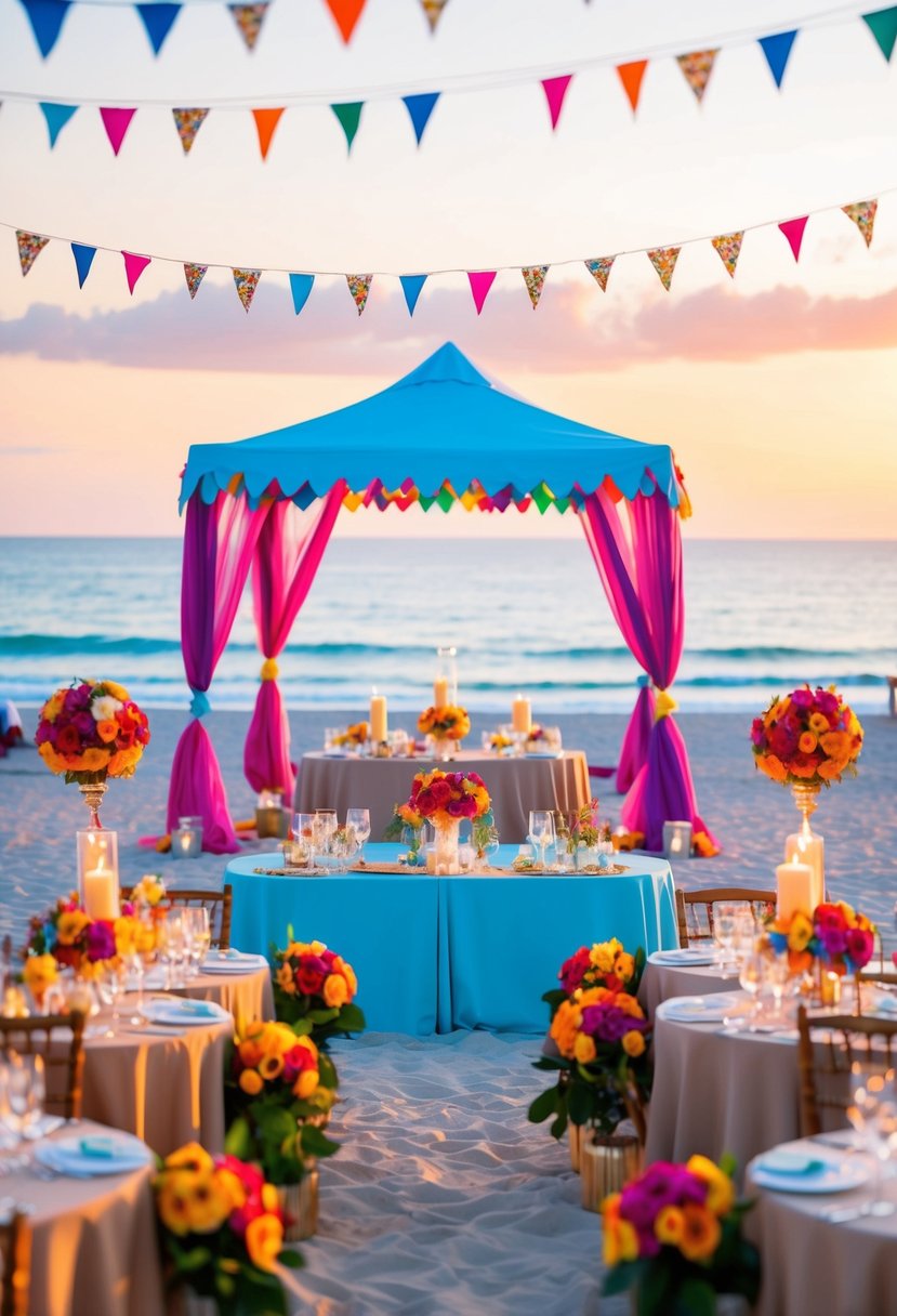 A beachfront celebration with colorful decorations, a canopy, and tables adorned with flowers and candles, overlooking the ocean at sunset