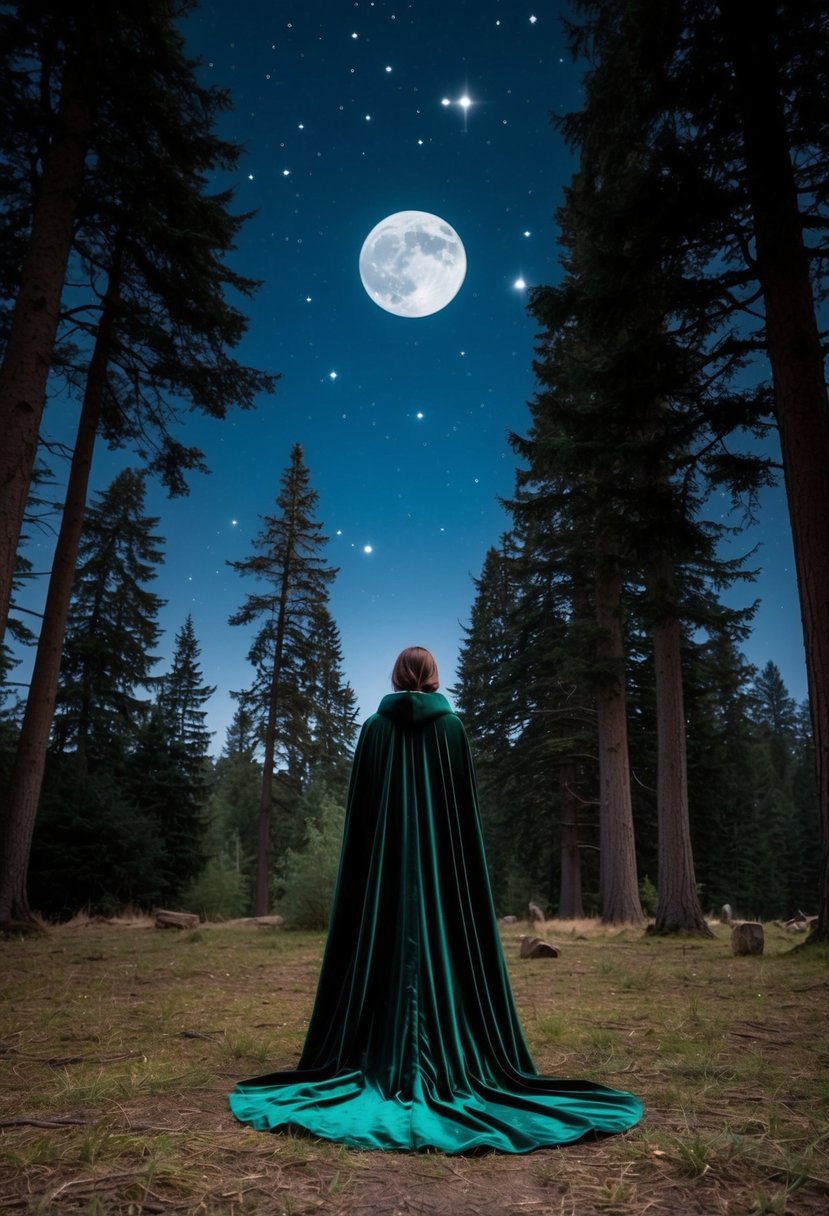 A figure in a forest green velvet cape stands in a moonlit clearing, surrounded by towering trees and twinkling stars, creating a mystical atmosphere for a witch wedding