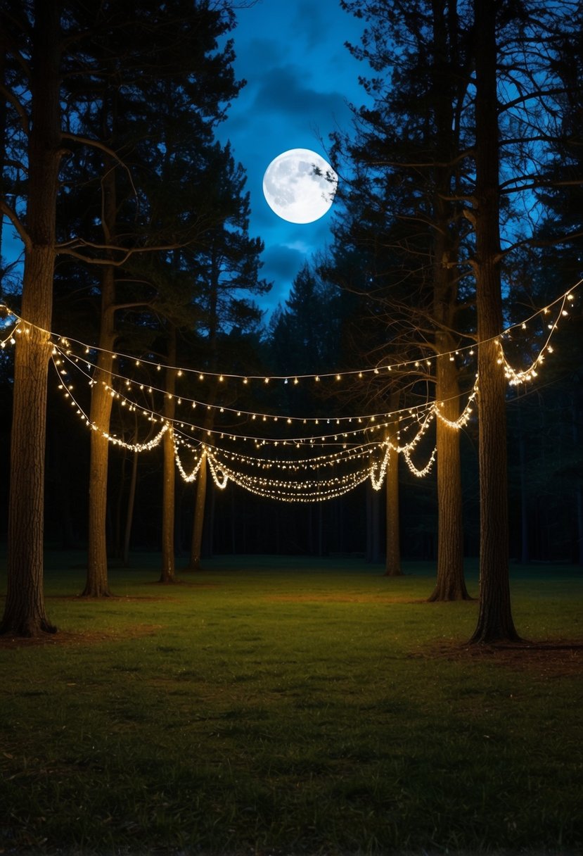 A moonlit forest clearing with twinkling fairy lights weaving through the trees, creating a magical ambiance for a witch wedding