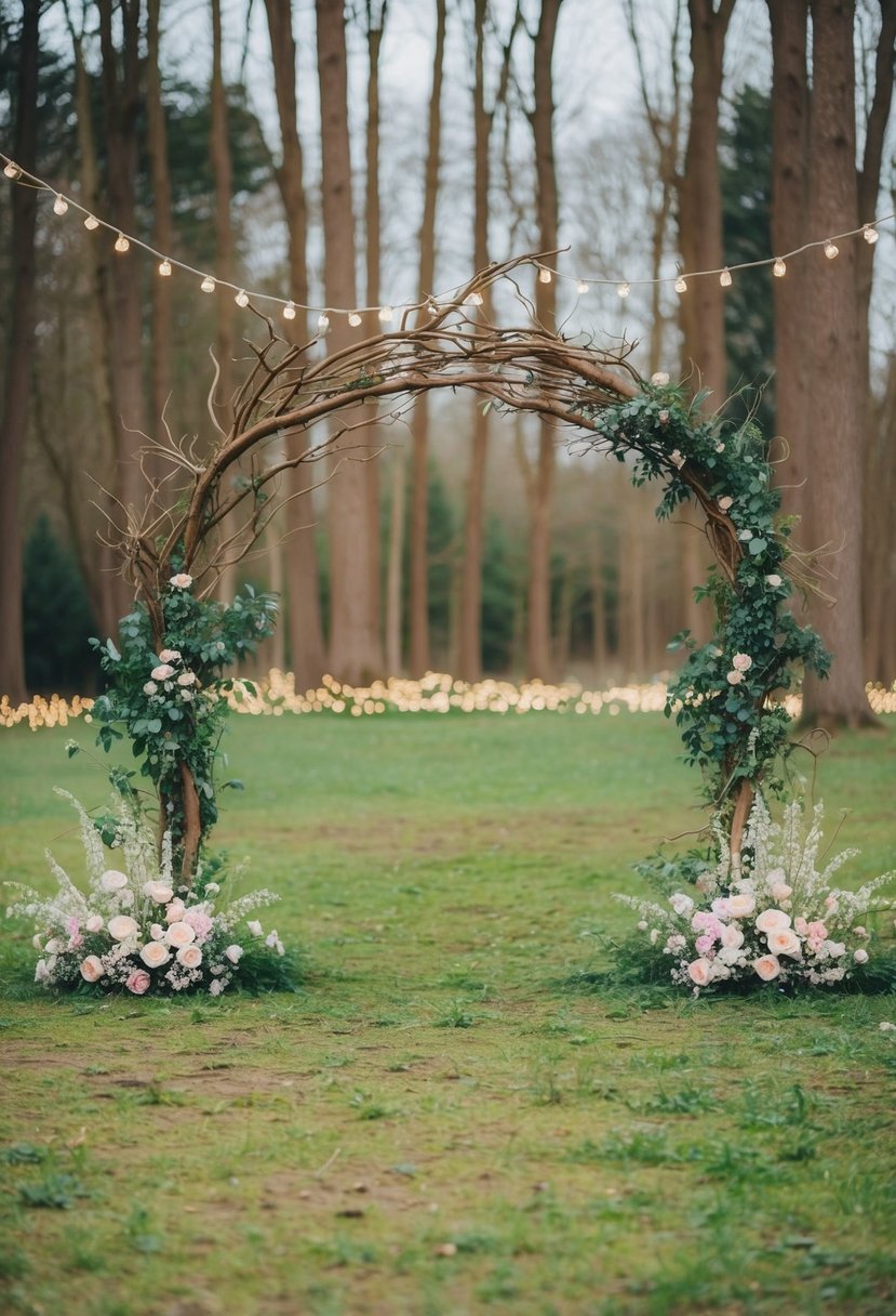 A woodland clearing adorned with pastel flowers, delicate fairy lights, and a whimsical arch made of branches and greenery