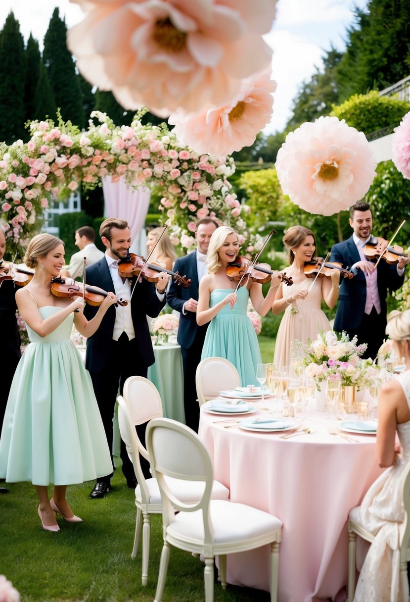 A lavish garden party with pastel decor, floral arrangements, and elegant table settings. A string quartet plays as guests mingle and enjoy champagne