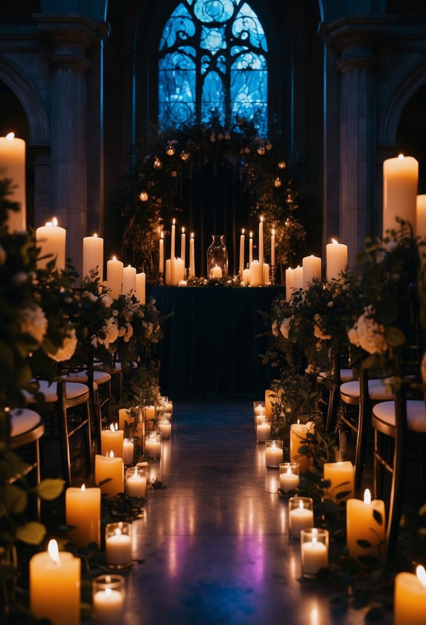 An elegant, dimly lit aisle adorned with flickering candles and mystical decor, setting the stage for a dramatic witch wedding