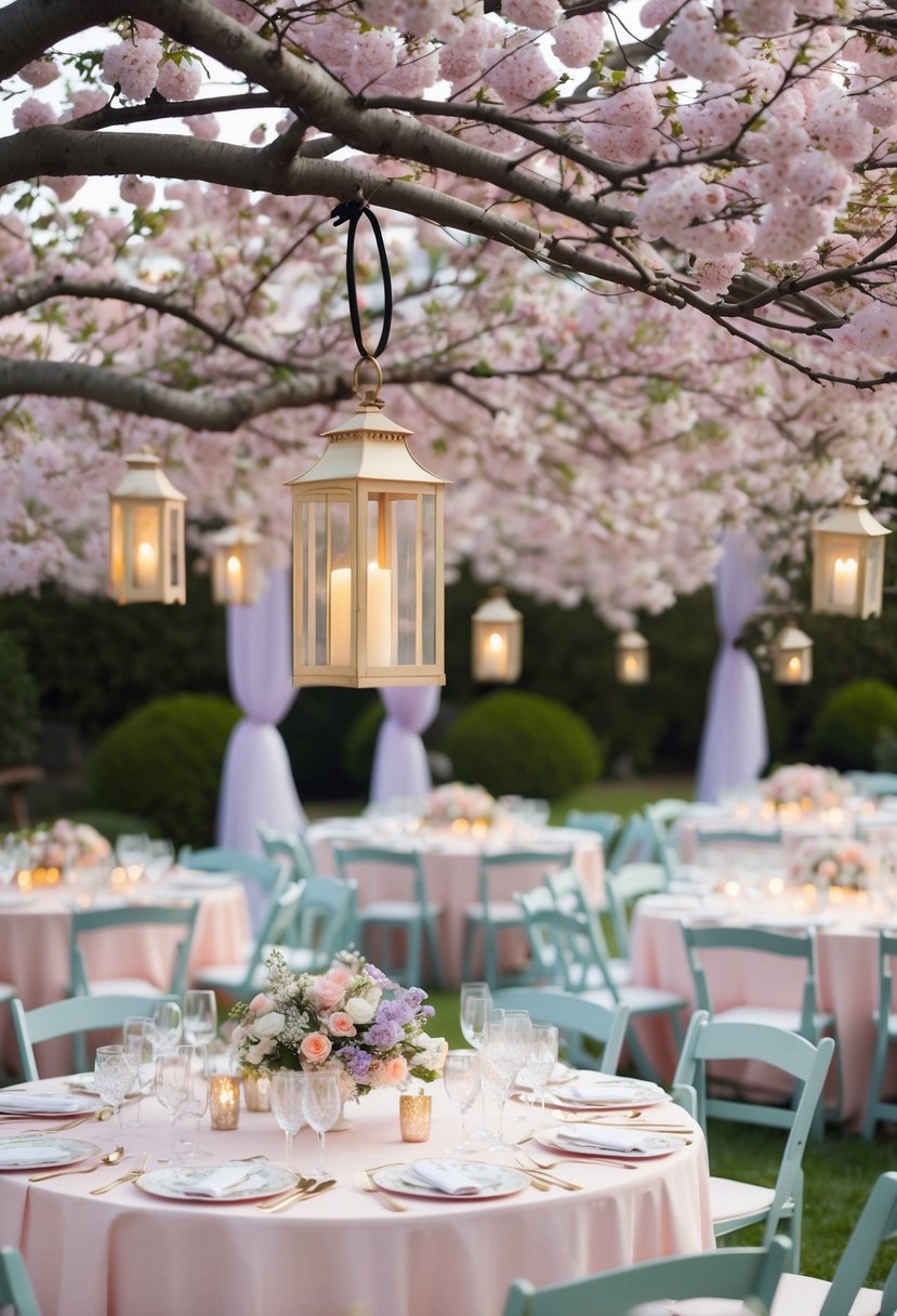 A garden party with cherry blossom trees, lanterns, and pastel decor. Tables set with floral centerpieces and delicate china