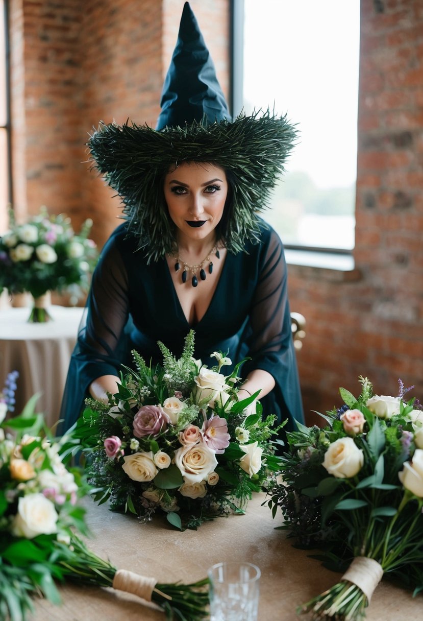 A hedgewitch arranging floral bouquets for a witch-themed wedding