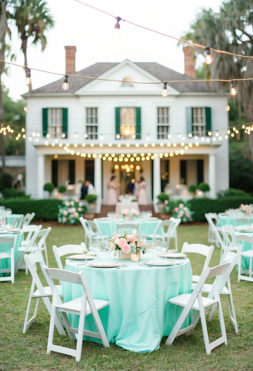 A garden party with pastel decor, floral arrangements, and string lights, set against a backdrop of a southern plantation house