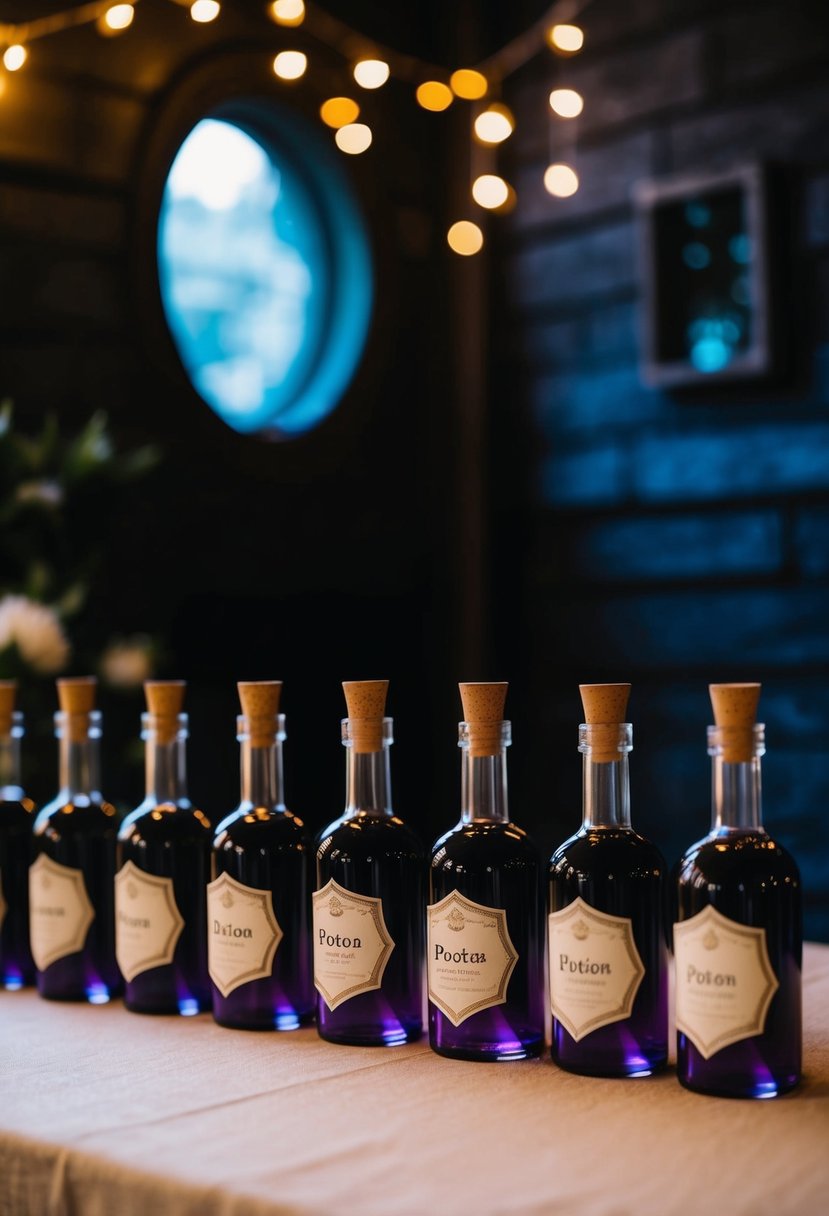 A table lined with potion bottle favors in a dimly lit, mystical setting