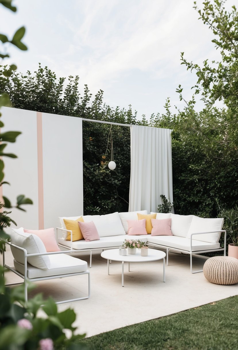 A simple, elegant outdoor setup with white and pastel decor, surrounded by greenery and minimalist furniture