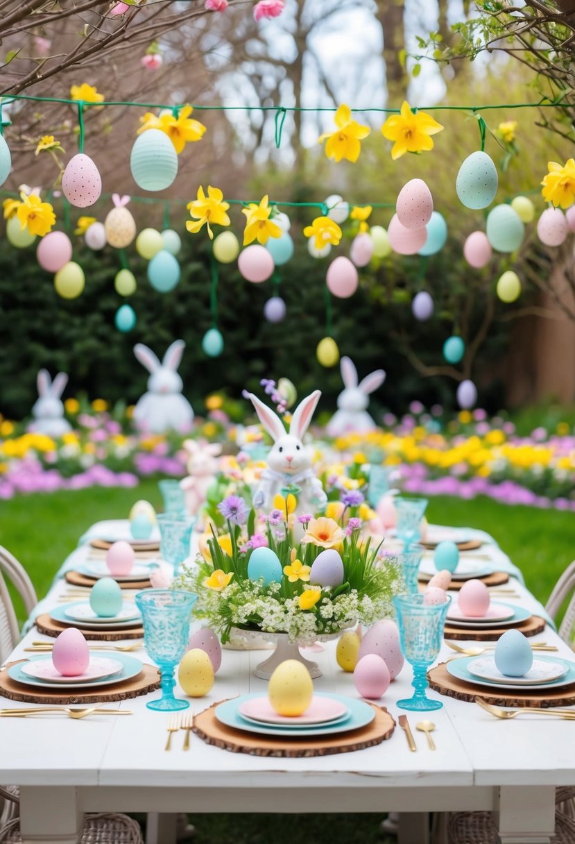 An outdoor garden adorned with pastel-colored flowers, Easter eggs, and bunny decorations. A table set with spring-themed centerpieces and a festive dessert spread