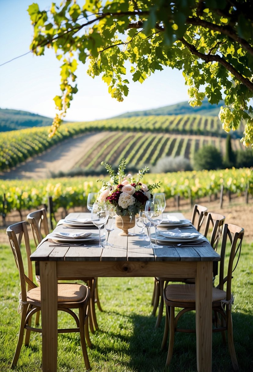 A sunny Tuscan vineyard with rolling hills, blooming flowers, and grapevines. A rustic wooden table set with wine glasses and floral arrangements