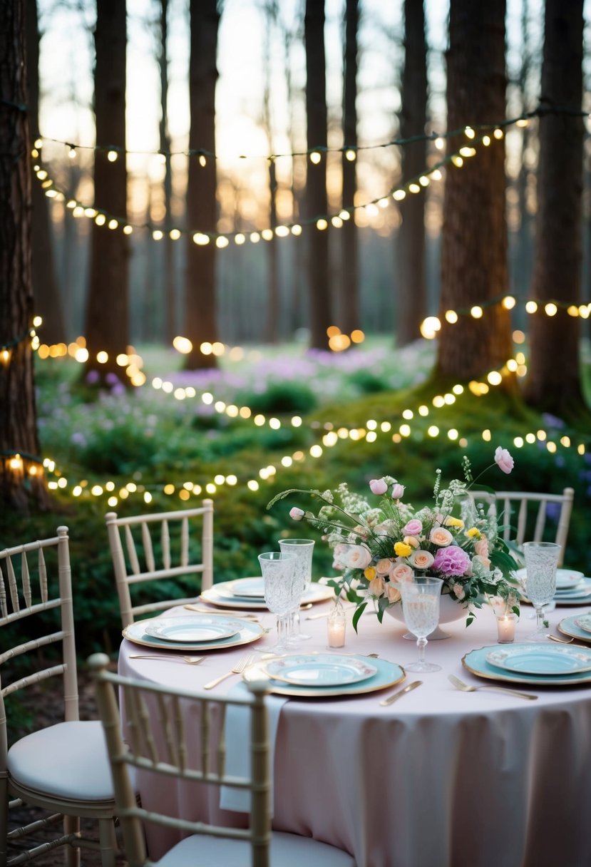 An enchanted forest glows with soft evening light, adorned with twinkling fairy lights and blooming spring flowers. A table set with delicate china and pastel decor awaits guests