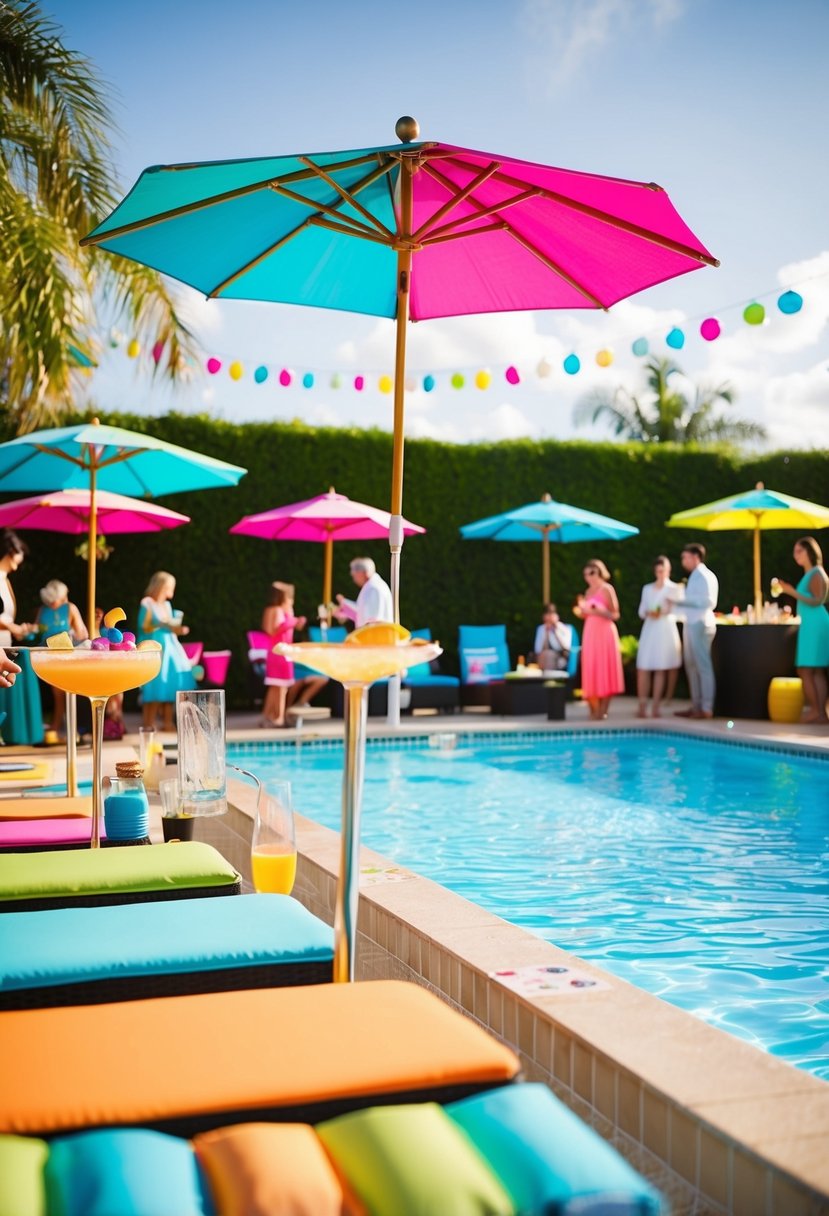 A vibrant poolside scene with retro decorations, colorful umbrellas, and guests enjoying cocktails and games