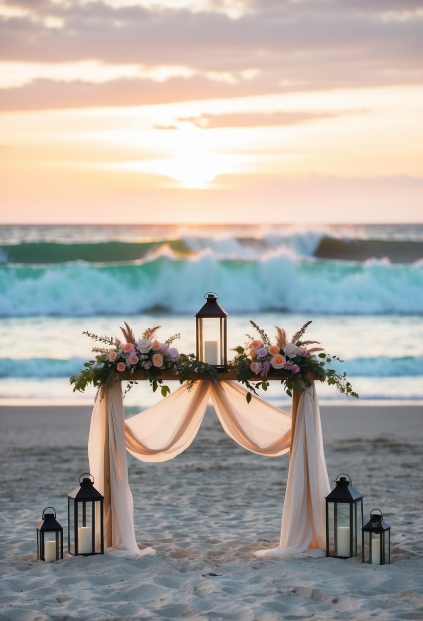 A simple beach altar with draped fabric, flowers, and lanterns, set against a backdrop of crashing waves and a colorful sunset