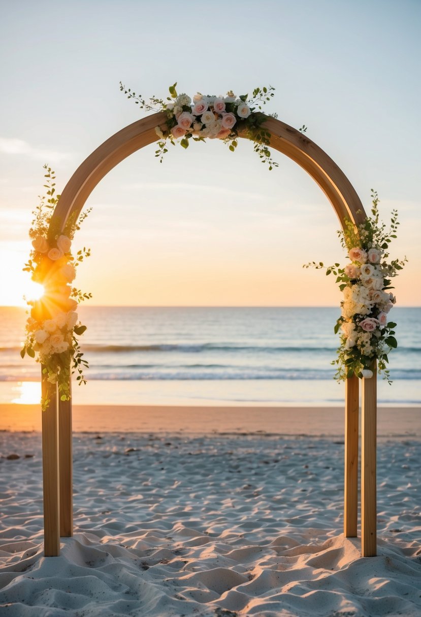 A sandy beach with a simple wooden arch adorned with seasonal flowers, overlooking the ocean at sunset