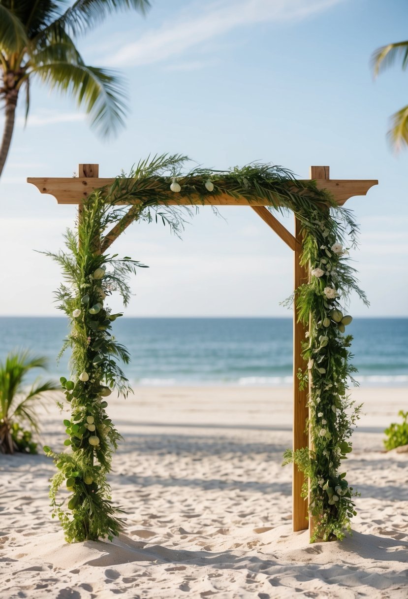 A sandy beach with a simple wooden arch adorned with lush greenery, surrounded by palm trees and the tranquil ocean