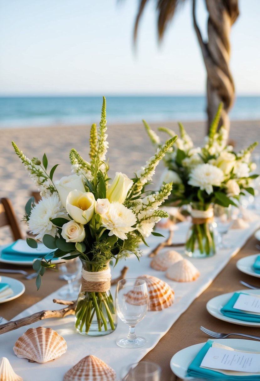 Ceremony flowers arranged as beach wedding centerpieces with shells and driftwood accents